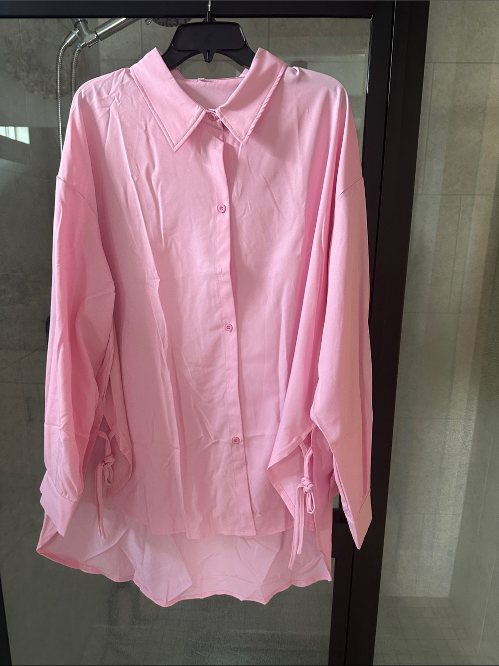 Women's Pink Button-Front Blouse with Tie-Sleeve Detail